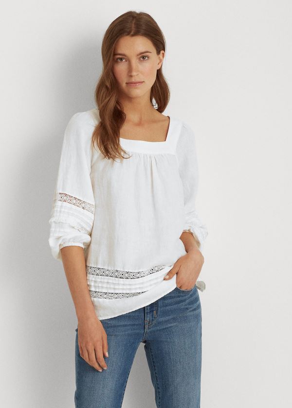 Tops Ralph Lauren Mujer Blancos - Linen Balloon-Sleeve - JUDQW0378